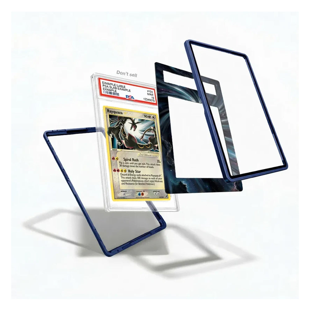 A clear protective card slab with a dark blue border frame, shown holding a graded Pokémon TCG card and surrounded by additional empty slabs on a clean white background.