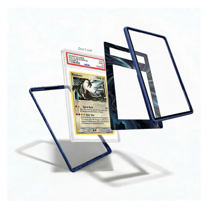 A clear protective card slab with a dark blue border frame, shown holding a graded Pokémon TCG card and surrounded by additional empty slabs on a clean white background.