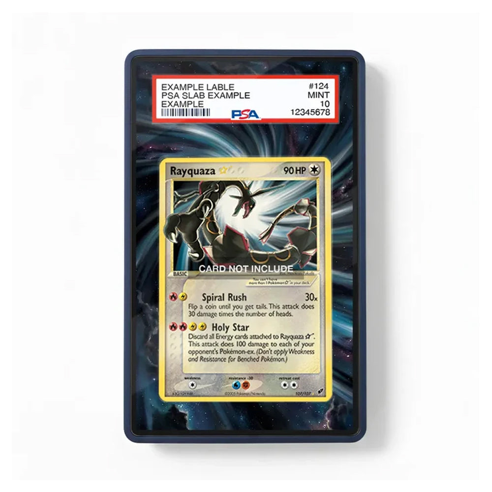 A PSA graded holographic Pokémon TCG card featuring Rayquaza, sealed in a protective PSA slab. The card is shown against a clean white background with a subtle drop shadow.