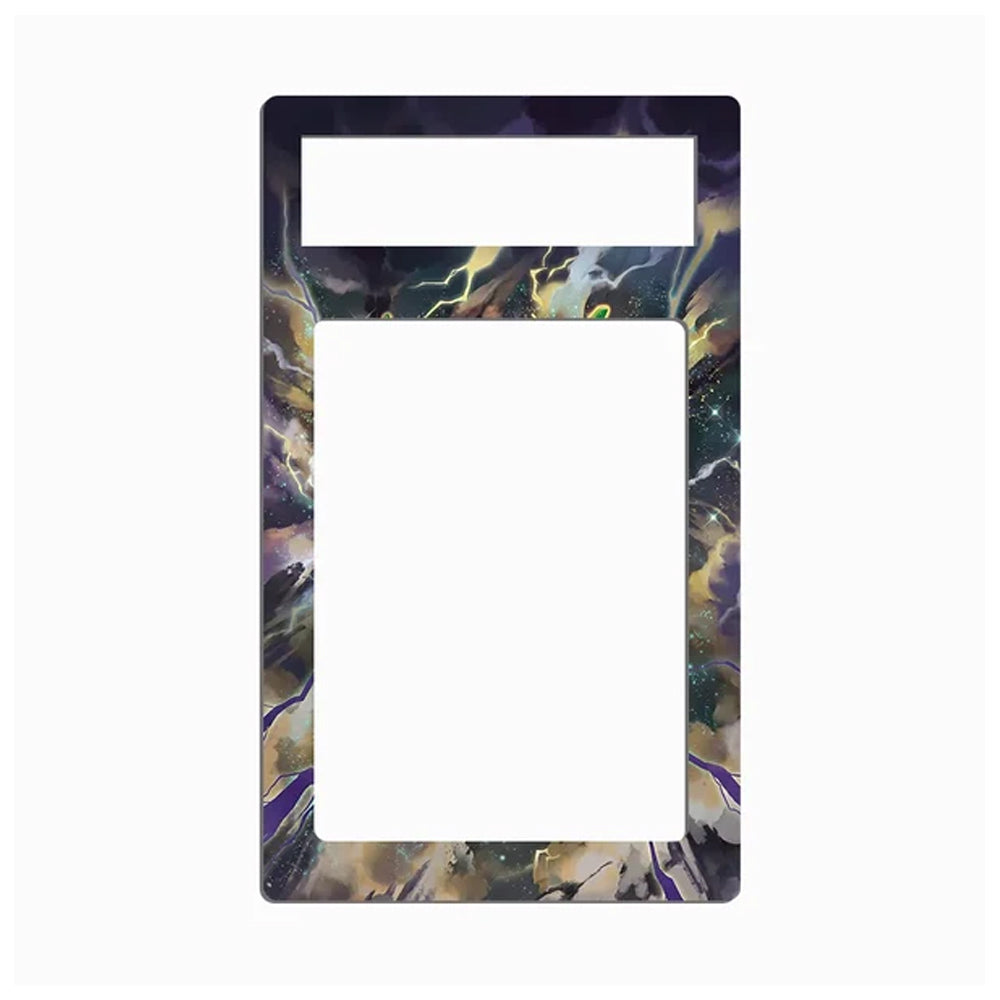 A rectangular decorative frame or plate with a large blank white center and a smaller white rectangular cutout at the top, surrounded by an abstract marbled pattern in black, purple, gold, and gray.