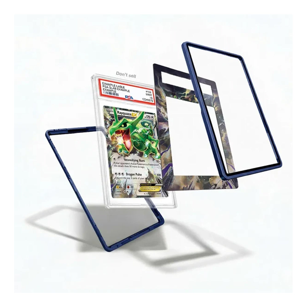 A clear protective card case with a dark blue border shown in multiple angles around a Pokémon trading card, on a clean white background.