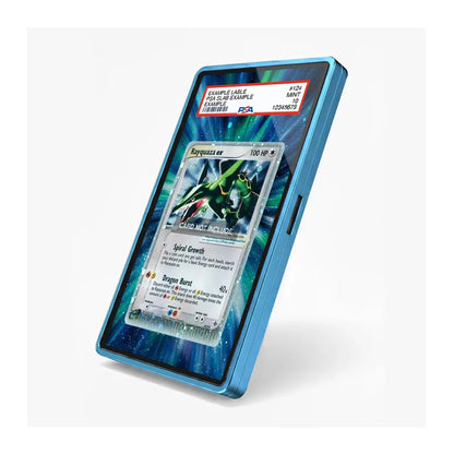 A blue rectangular tablet or e-reader device shown at an angle on a light gray background, displaying a Pokémon card on its screen. The device has a metallic blue frame and a black front panel with a colorful blue-and-black cosmic-style wallpaper.