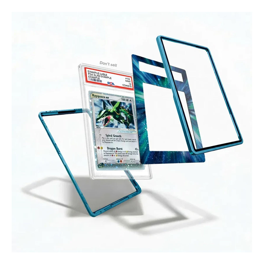 A clear acrylic card protector case with a blue-green metallic border, shown disassembled with a graded Pokémon card inside and several floating panel pieces on a white background.