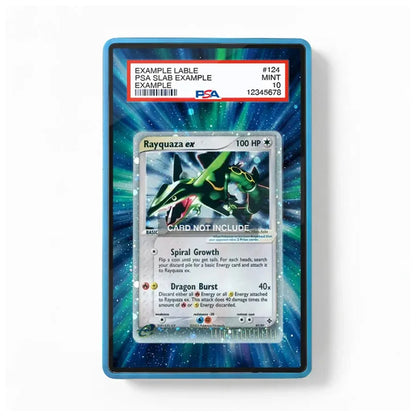 A PSA graded holographic Pokémon card slab containing a Rayquaza ex card, shown against a clean white background. The slab features a blue border and a red PSA label at the top.