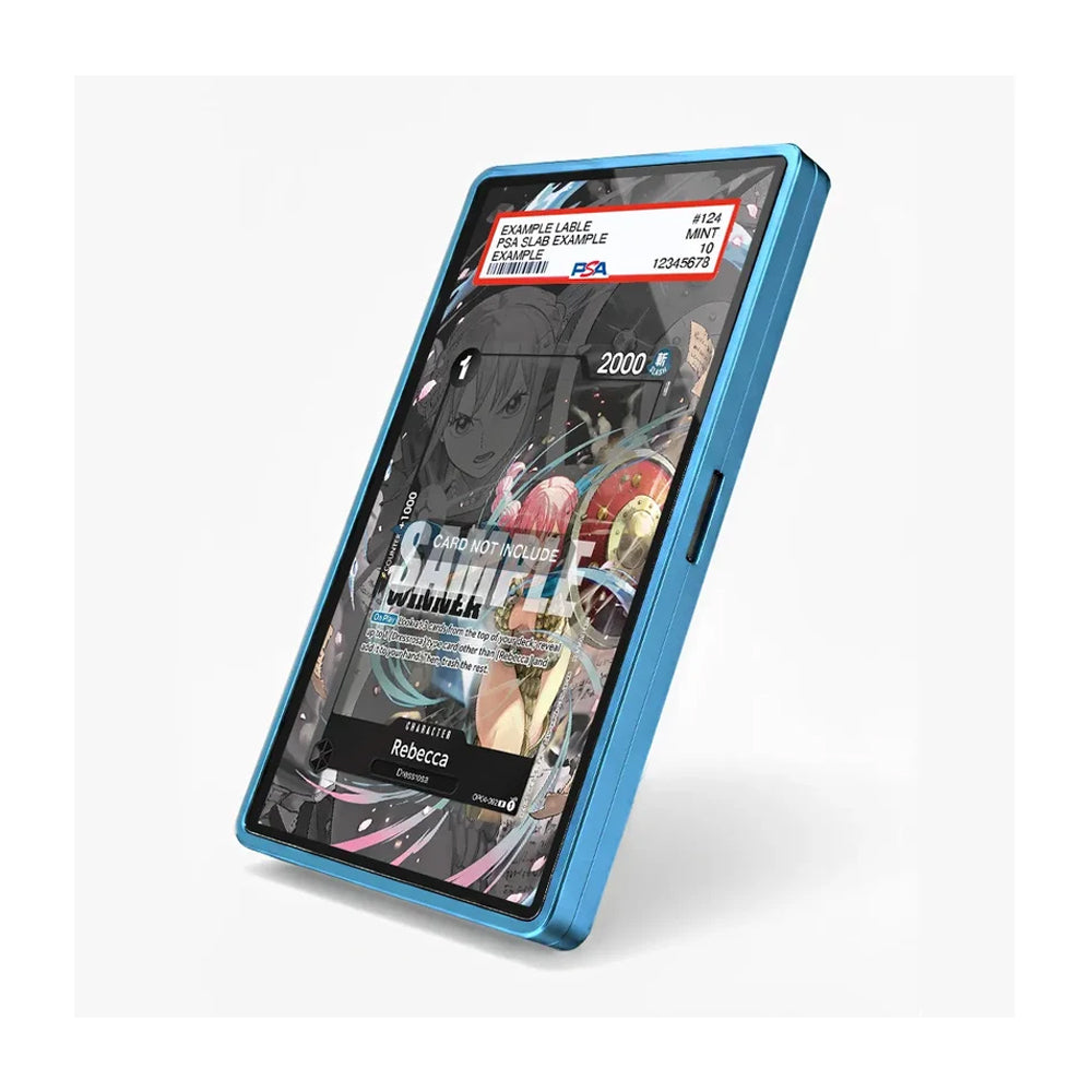 A blue metallic smartphone case shown at an angle on a light gray background, with a printed anime-style card design visible through the screen area.