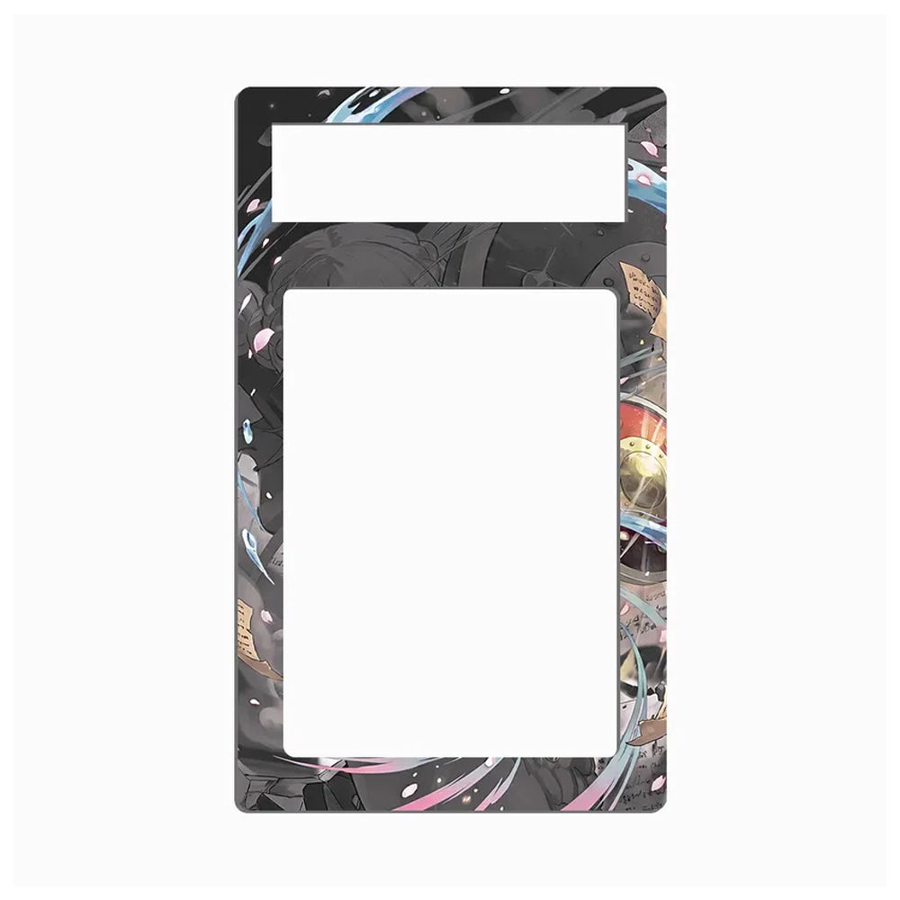 A rectangular decorative plate or cover with two cutouts, featuring an anime-style illustrated border in black, gray, pink, blue, and gold on a plain white background.