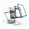 Transparent acrylic or glass display frames with a metallic teal-blue border, shown floating in an exploded view around a sample card graded PSA 10. The product is presented on a clean white background with soft shadows.