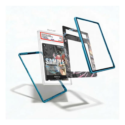 Transparent acrylic or glass display frames with a metallic teal-blue border, shown floating in an exploded view around a sample card graded PSA 10. The product is presented on a clean white background with soft shadows.