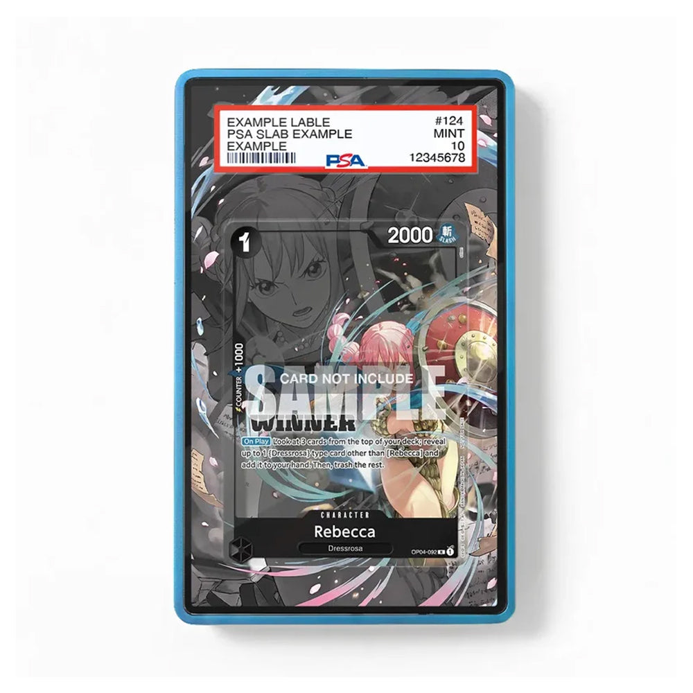 A PSA graded collectible card slab containing an anime character card, shown in a blue protective holder against a white background. The slab has a red and white PSA label at the top and a translucent protective cover over the card.