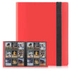 Red card album with black strap holding trading cards of baseball players on a white background