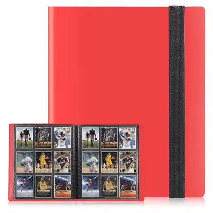 Red card album with black strap holding trading cards of baseball players on a white background