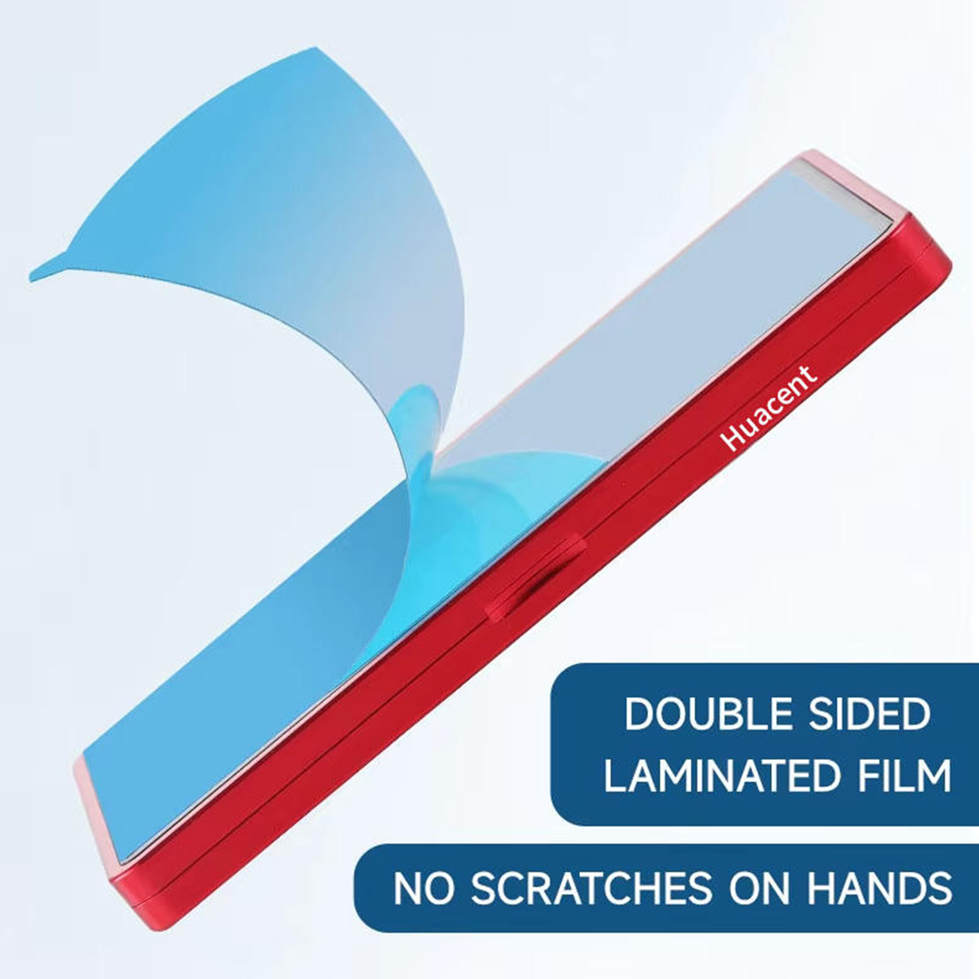 Red and blue double-sided laminated film with 'Huacent' branding on a light blue background.