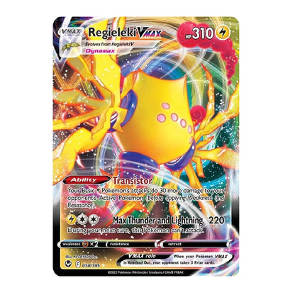 A single Pokémon trading card featuring Eevee in a dynamic yellow and orange form with colorful rainbow effects. The card includes visible text such as 'Regieleki VMAX', 'HP 310', 'Ability Transistor', and 'Max Thunder and Lightning 220', along with the VMAX logo and Dynamax branding.