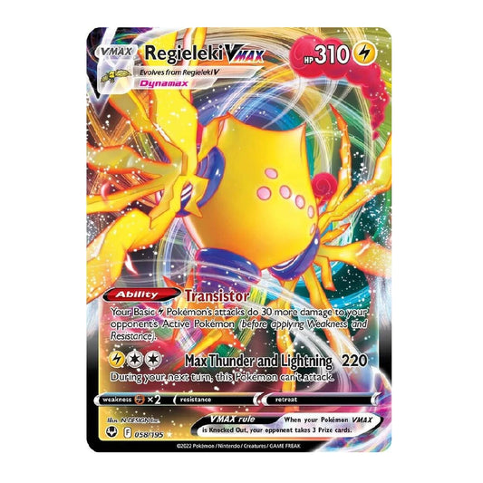 A single Pokémon trading card featuring Eevee in a dynamic yellow and orange form with colorful rainbow effects. The card includes visible text such as 'Regieleki VMAX', 'HP 310', 'Ability Transistor', and 'Max Thunder and Lightning 220', along with the VMAX logo and Dynamax branding.