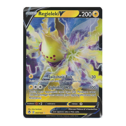 A single Pokémon trading card for Regieleki V, shown against a plain white background. The card features artwork of a yellow electric bird with purple lightning effects, and visible text including 'Regieleki V', 'HP 200', 'Switching Bolt', and 'Lightning Wall'.