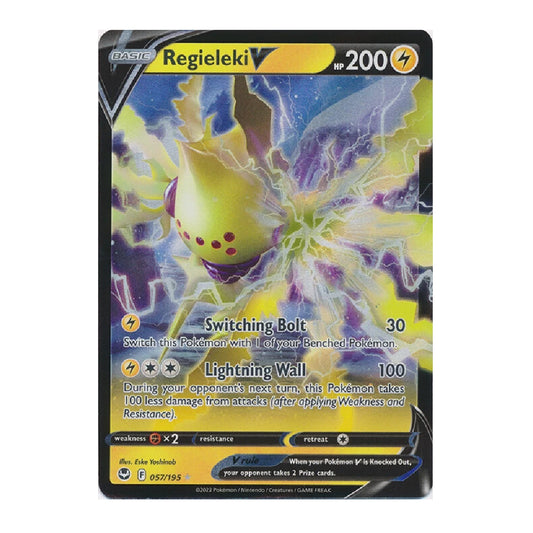 A single Pokémon trading card for Regieleki V, shown against a plain white background. The card features artwork of a yellow electric bird with purple lightning effects, and visible text including 'Regieleki V', 'HP 200', 'Switching Bolt', and 'Lightning Wall'.