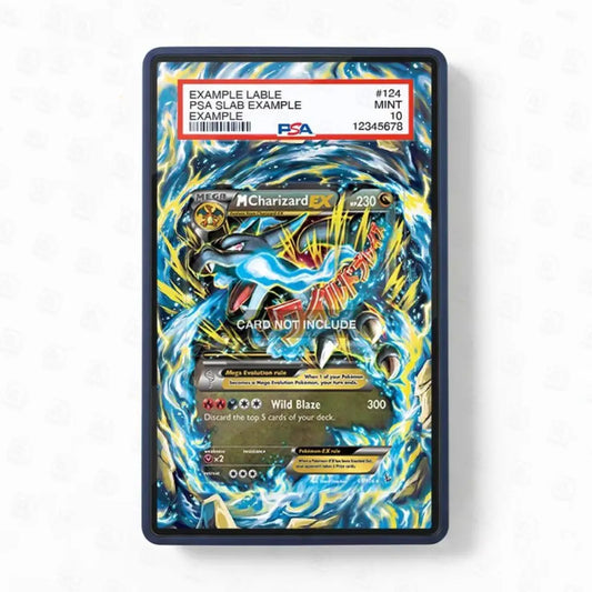 Pokémon trading card in a protective frame on a white background