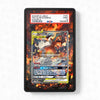 Trading card in a protective case with fiery design