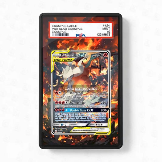 Trading card in a protective case with fiery design