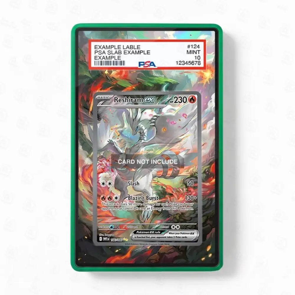 Pokémon trading card in a protective case on a white background