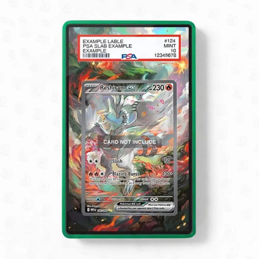Pokémon trading card in a protective case on a white background
