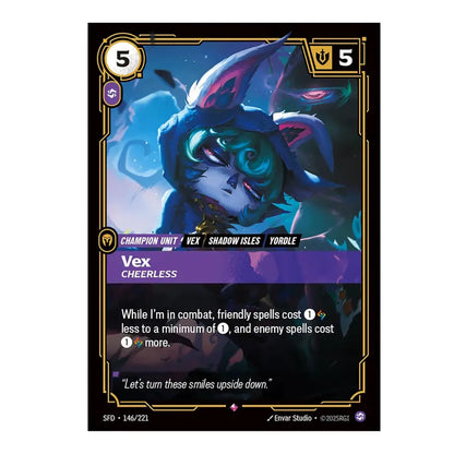 Card featuring a character named Vex with game text and symbols on a dark background
