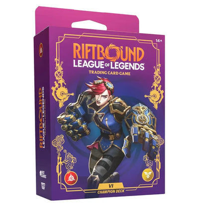 Riftbound League of Legends trading card game packaging with a character illustration on a purple background