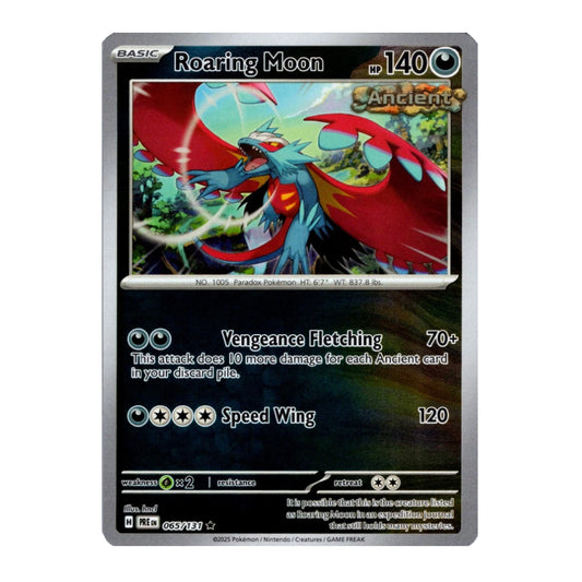 A single Pokémon trading card for Roaring Moon from the Evolving Skies expansion, shown against a plain white background.