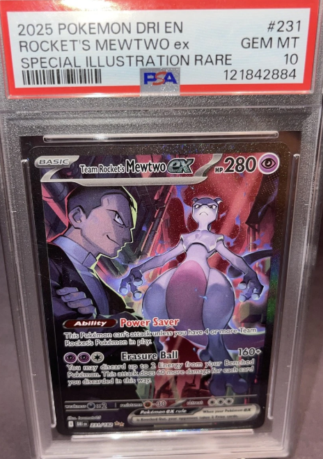 Pokémon trading card featuring Team Rocket's Mewtwo EX with PSA grading label