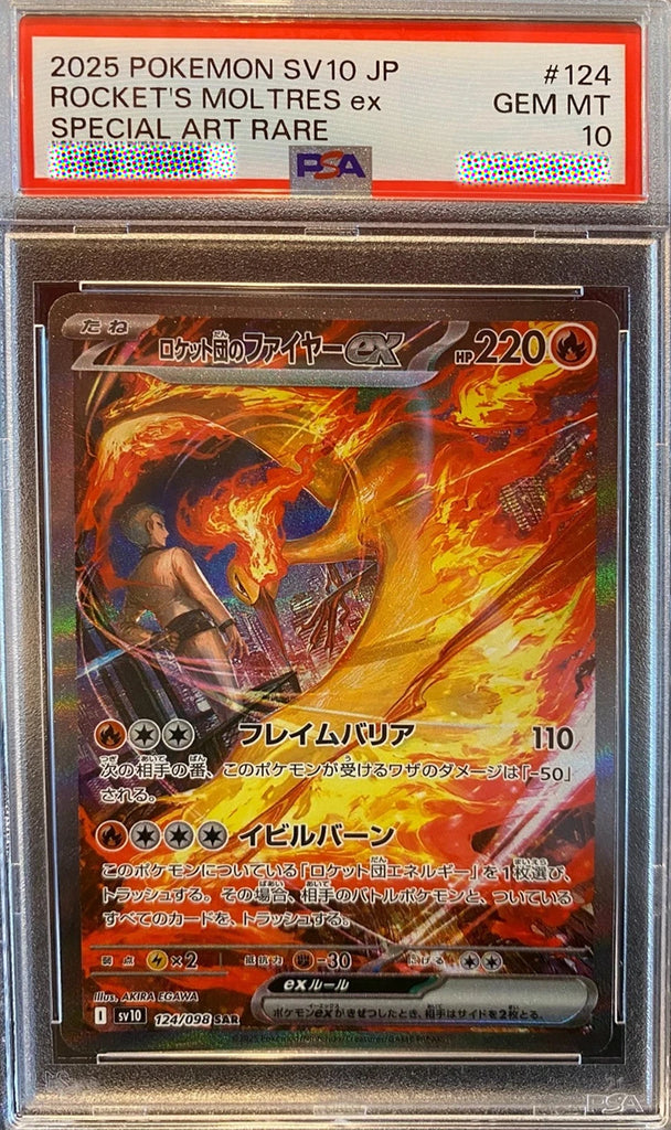 Pokémon trading card with Moltres ex Special Art Rare in a protective case, graded by PSA.