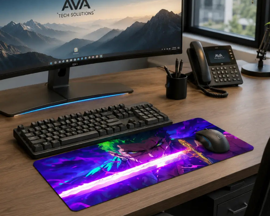 A large gaming desk mat with a colorful neon fantasy design is shown on a wooden desk next to a keyboard and mouse, with a computer monitor, phone, and window in the background.