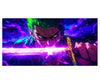 An anime-style illustration of a character with bright green hair and glowing green eyes, holding a glowing purple sword horizontally. The background is a dramatic mix of purple and blue energy effects.