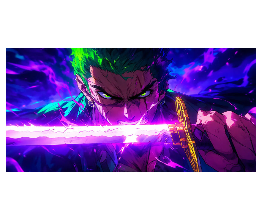 An anime-style illustration of a character with bright green hair and glowing green eyes, holding a glowing purple sword horizontally. The background is a dramatic mix of purple and blue energy effects.