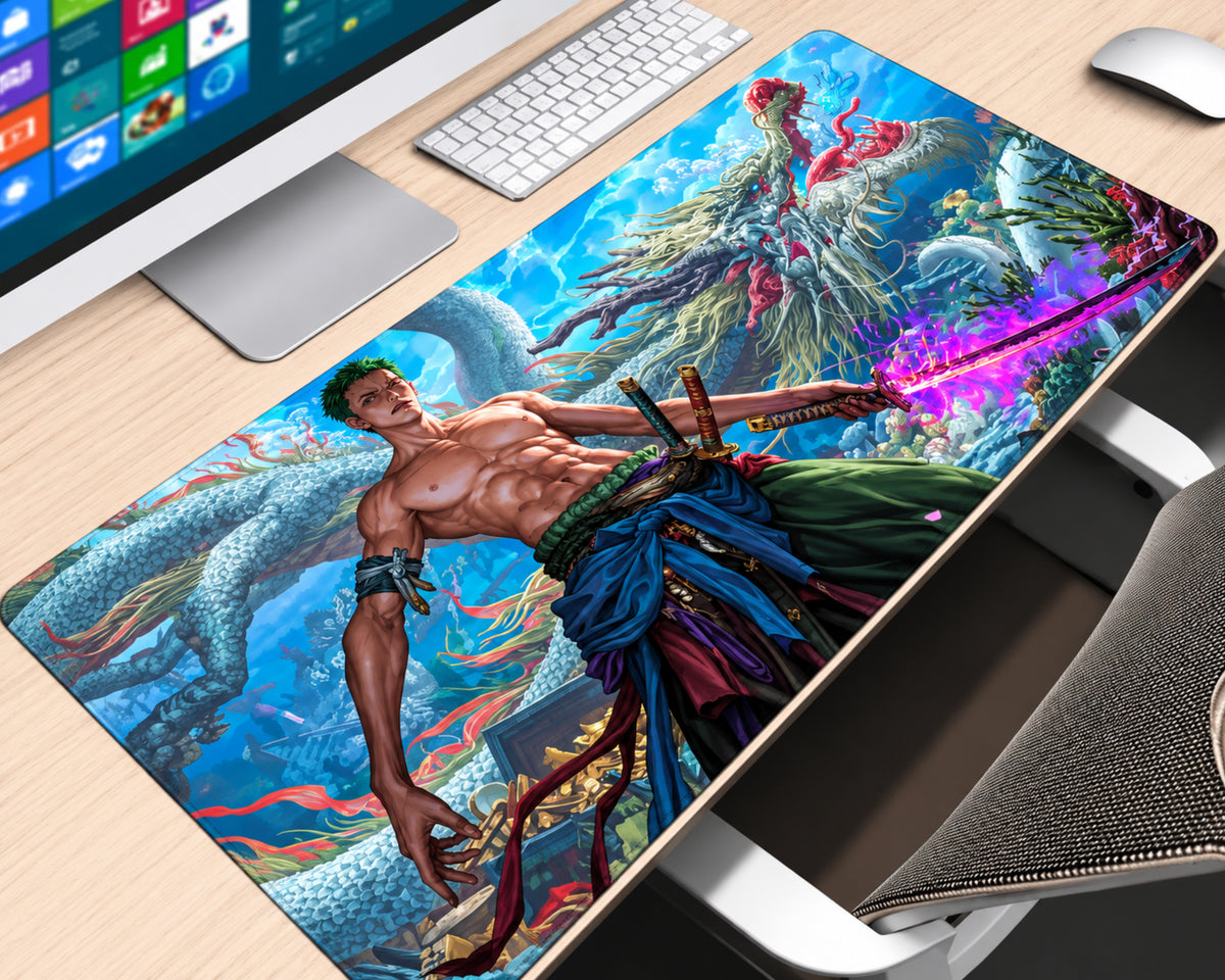 Roronoa Zoro One Piece extended gaming mouse pad featuring the green-haired swordsman wielding a katana with glowing purple energy, a majestic multicolored dragon, turquoise scales, and a bright blue fantasy background, displayed on a light wood desk with a white keyboard, monitor, and wireless mouse.