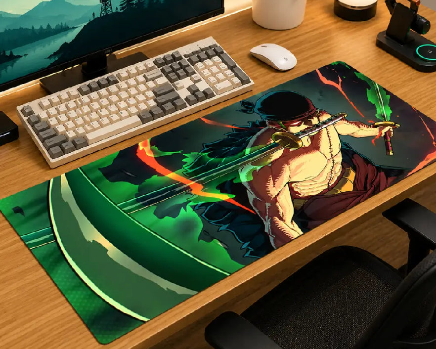 A large rectangular gaming desk mat with a colorful anime-style warrior illustration, shown on a wooden desk next to a keyboard, mouse, and monitor.