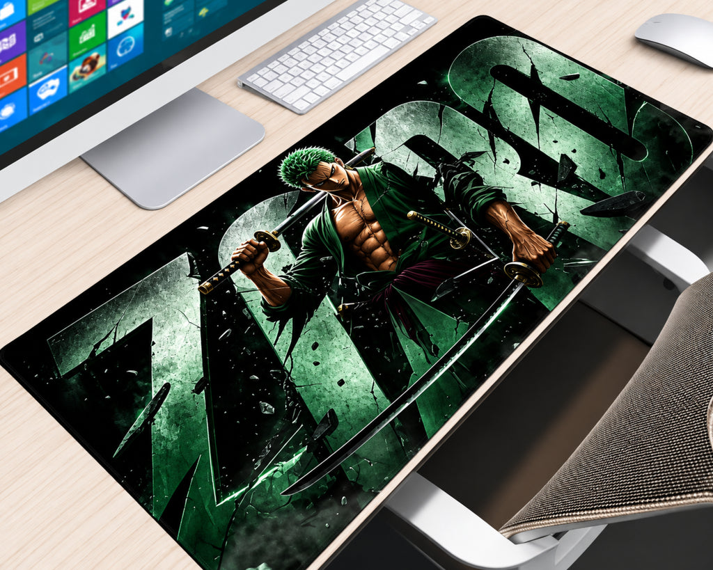 Extended One Piece gaming mouse pad featuring Roronoa Zoro with spiky green hair, three swords, an open green shirt, and a purple waist sash against a distressed emerald green and black background, displayed on a light wood desk with a white keyboard, monitor, and white mouse.