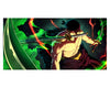 Anime-style artwork of a shirtless male character with a black head covering, wielding a sword, set against a dark background with green and red energy effects.