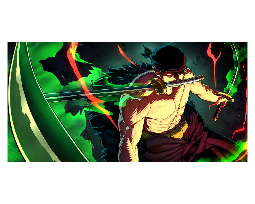 Anime-style artwork of a shirtless male character with a black head covering, wielding a sword, set against a dark background with green and red energy effects.