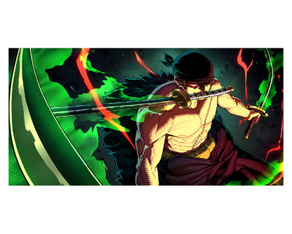Anime-style artwork of a shirtless male character with a black head covering, wielding a sword, set against a dark background with green and red energy effects.