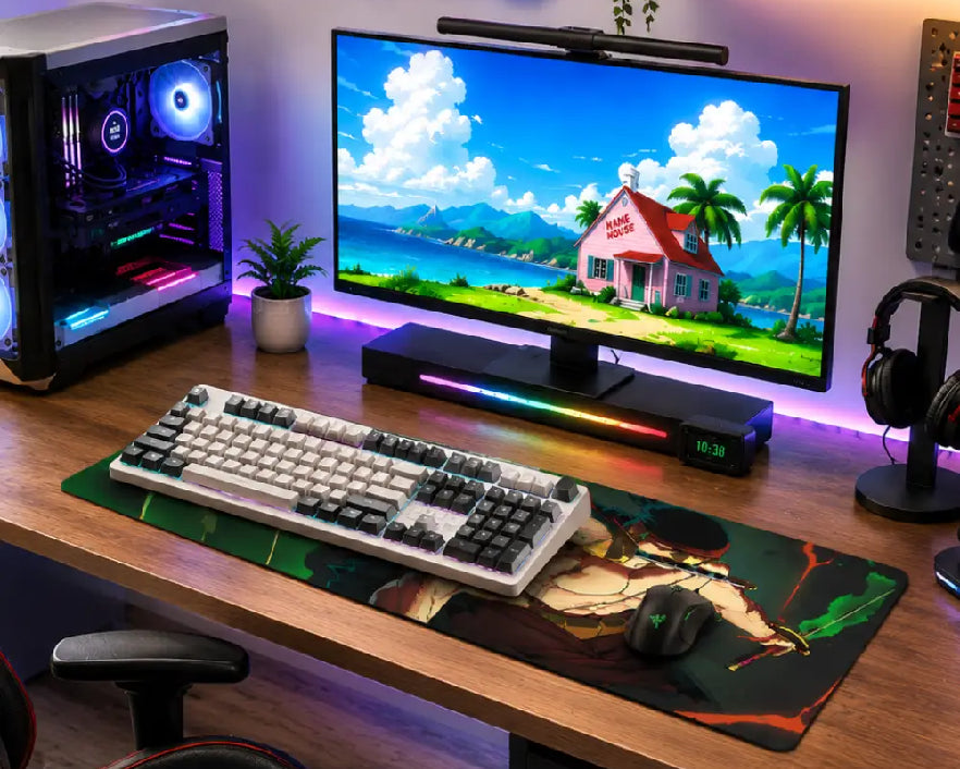 A modern gaming desk setup featuring a large curved monitor displaying a tropical beach scene, a white and black mechanical keyboard on a large illustrated mouse pad, a black computer tower with illuminated side glass, headphones on a stand, and RGB lighting under the monitor.