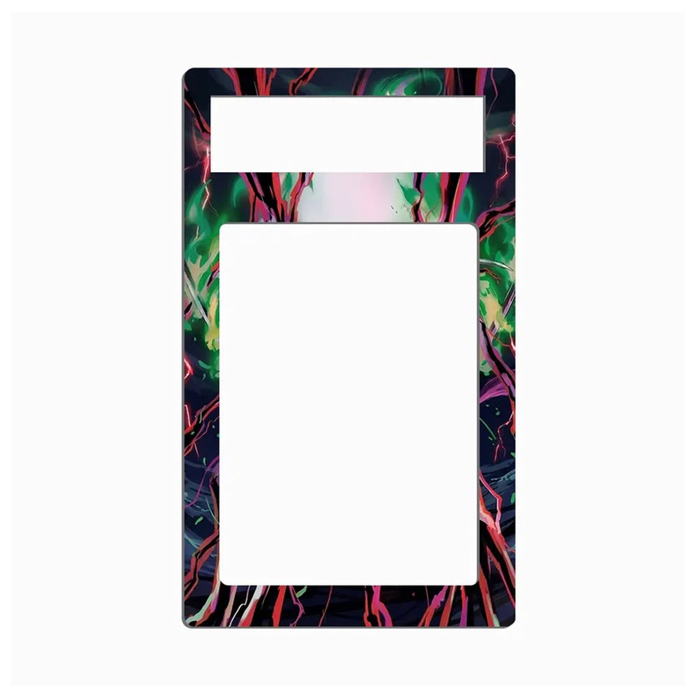 A rectangular light switch plate cover featuring a vibrant, multicolored abstract fluid art pattern with swirling green, pink, purple, and red veins on a dark background, with two white cutouts for wiring.