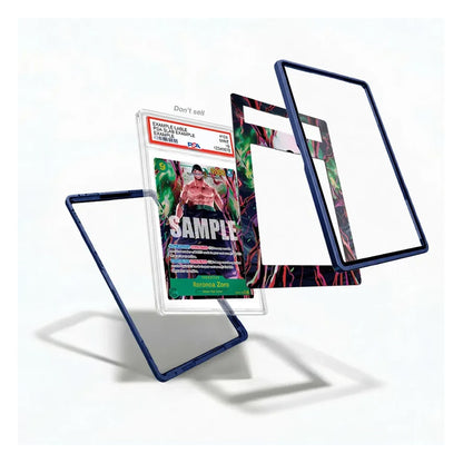 A clear plastic display card holder with three separate mounting frames, shown floating against a white background. One frame is attached to a graded PSA sample card, demonstrating how the product works.