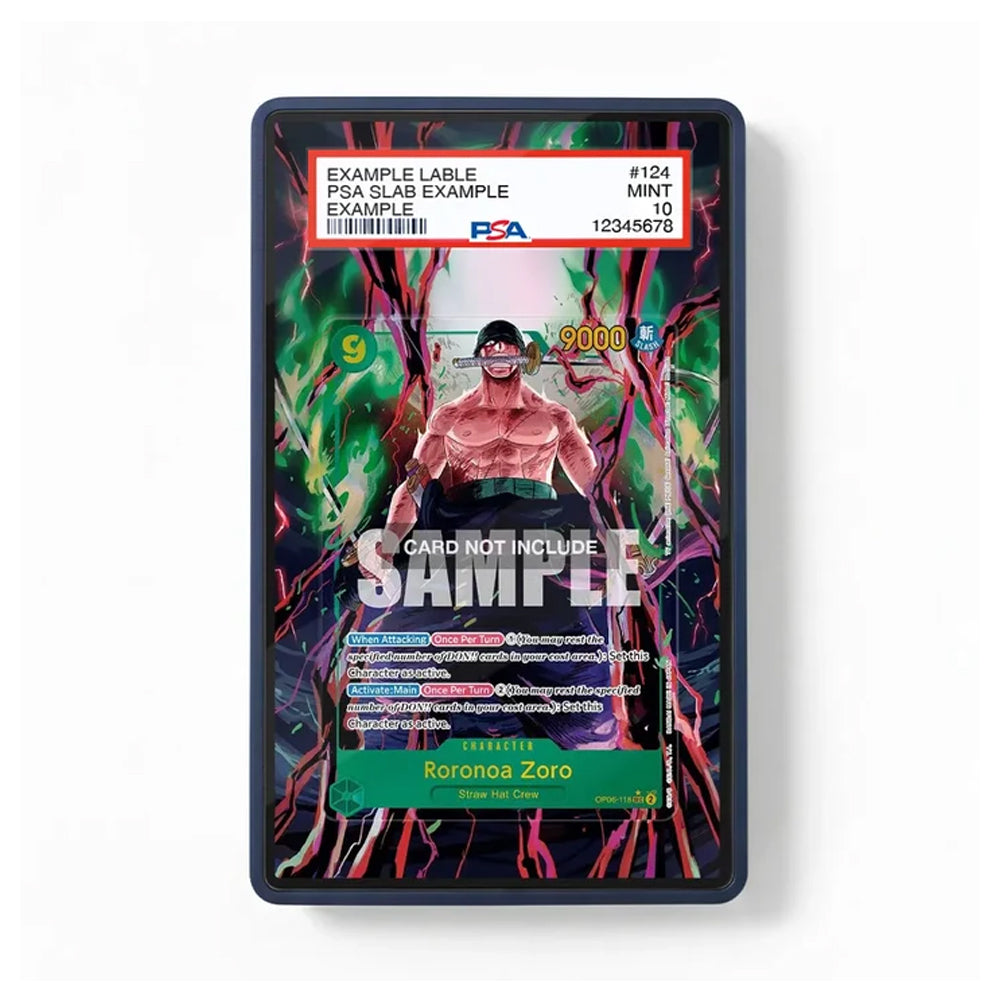 A PSA graded collectible trading card featuring an illustration of a muscular figure with green and red abstract patterns. The card has a black border and a red grading label at the top showing a PSA logo and sample text.