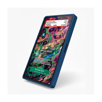 A dark blue protective phone case shown at an angle on a light gray background. The screen of the phone inside displays a colorful fantasy illustration with Japanese text and game-like UI elements.