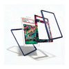 A set of custom protective card frames in dark blue and a colorful marbled pattern, shown with a graded holographic trading card inside a clear holder on a white background.