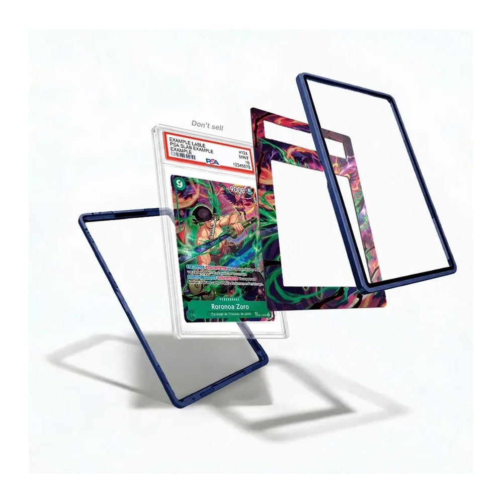 A set of custom protective card frames in dark blue and a colorful marbled pattern, shown with a graded holographic trading card inside a clear holder on a white background.