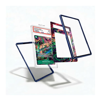 A set of custom protective card frames in dark blue and a colorful marbled pattern, shown with a graded holographic trading card inside a clear holder on a white background.