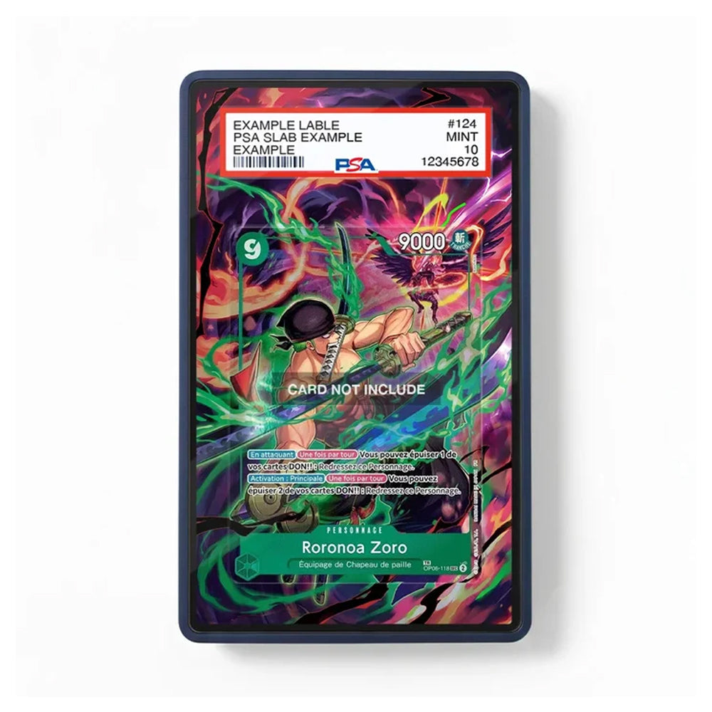 A collectible trading card featuring an anime-style illustration of Zoro with swirling green and magenta energy effects. The card has a dark border and a red header label at the top with text including 'EXAMPLE LABLE', 'PSA SLAB EXAMPLE', and 'Roronoa Zoro'.