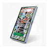 A slim, metallic silver rectangular device, likely a stylus or digital pen, shown at an angle on a light gray background. Its screen displays a colorful comic book cover with text including 'COMIC ZONE' and 'ANIME'.