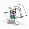 A clear acrylic tablet case shown disassembled with multiple components floating against a white background, including a transparent back panel, a patterned inner sleeve with comic-style artwork, and a clear front bezel frame.